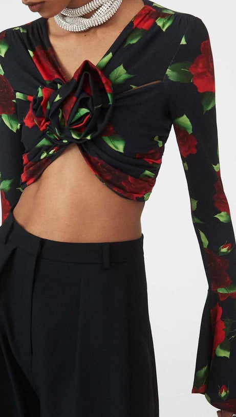 FLORAL-PRINT CROP TOP IN BLACK