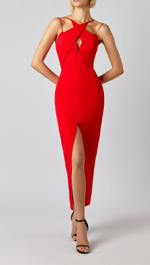 AIIZIE SLEEVELESS KEY HOLE SPLIT BACKLESS RED BANDAGE MIDI DRESS - product image
