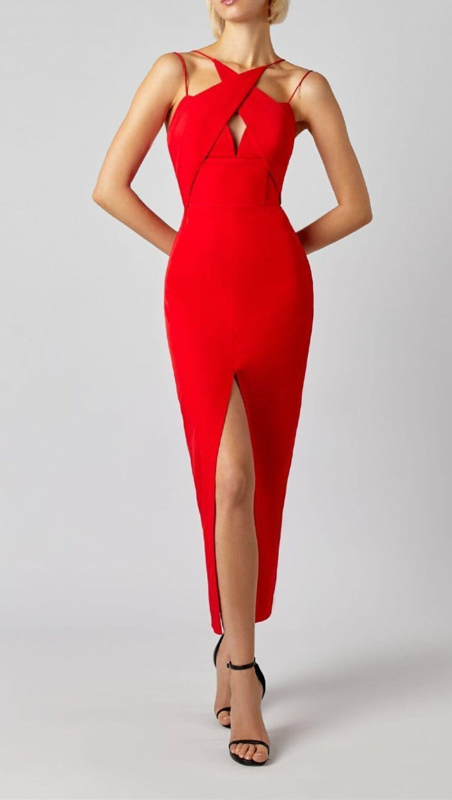 SLEEVELESS KEY HOLE SPLIT BACKLESS RED BANDAGE MIDI DRESS