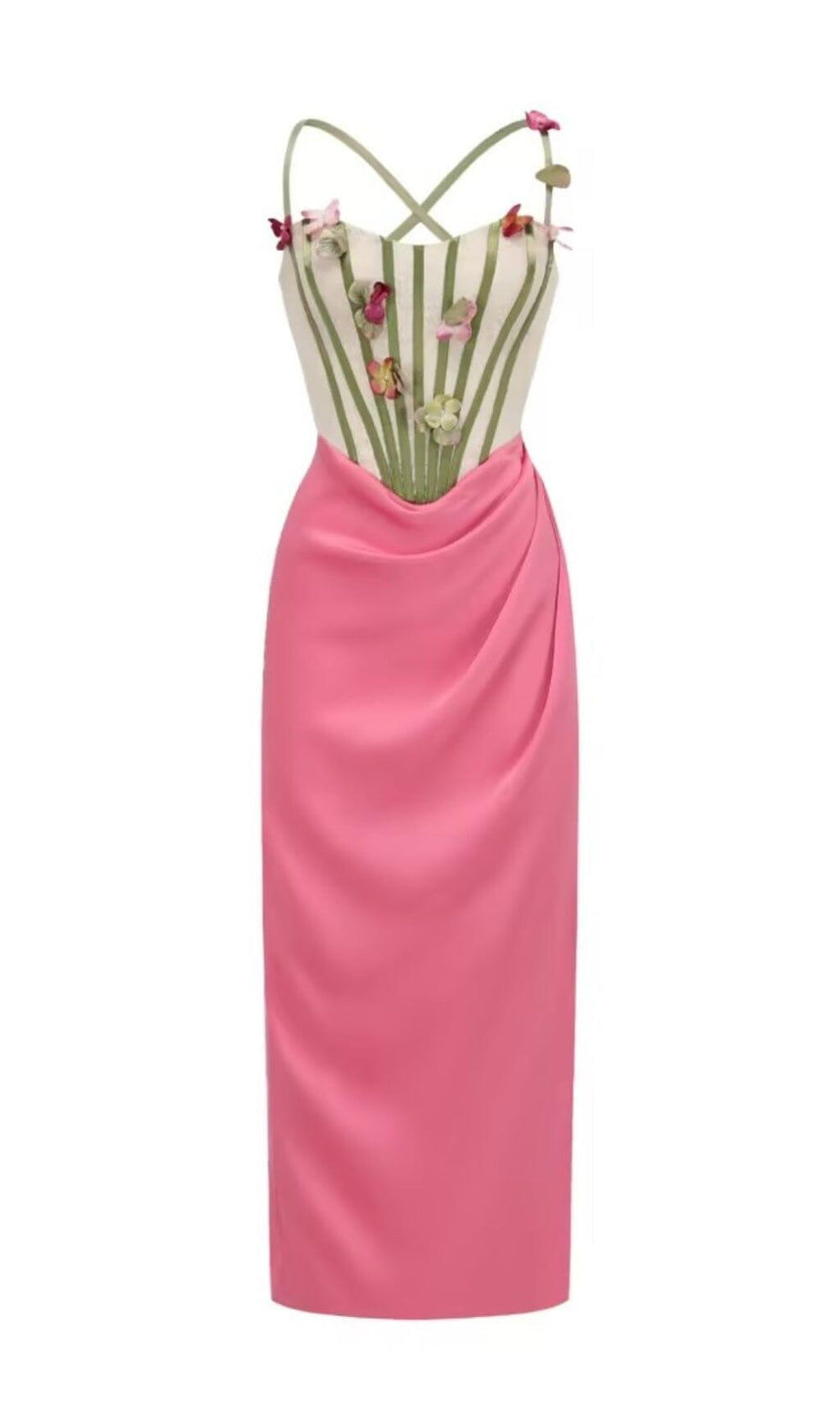 ABITO MIDI CON CORSETTO A FIORI ROSA