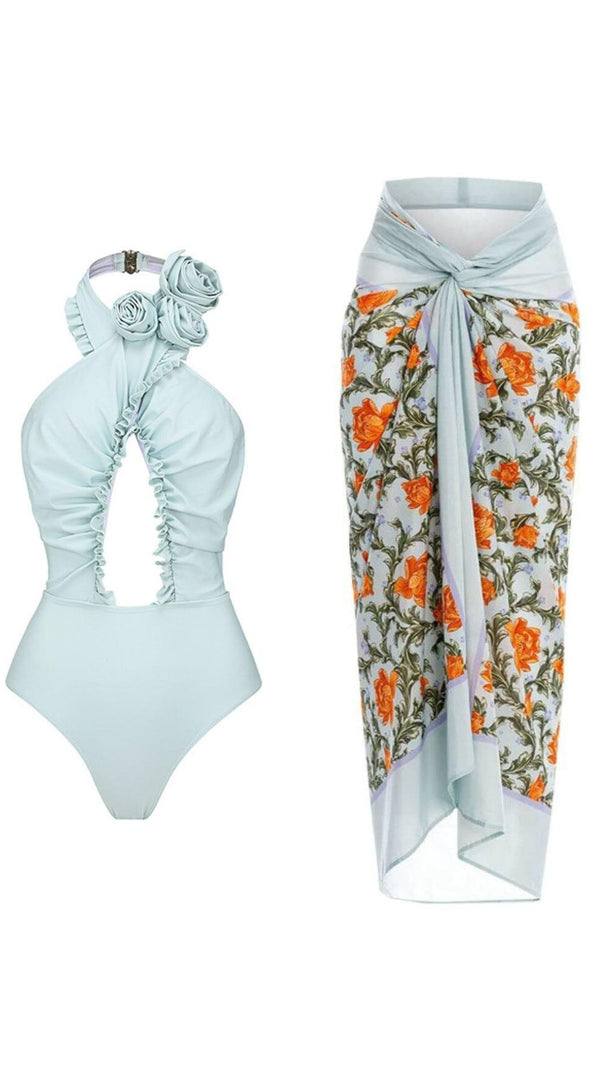 AIIZIE BLUE HALTER 3D FLOWER ONE PIECE SWIMSUIT AND SARONG - product image