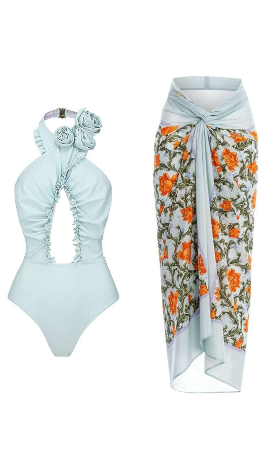 BLAUER NECKHOLDER-BADEANZUG UND SARONG MIT 3D-BLUMEN