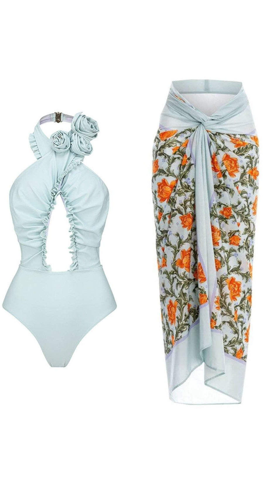 COSTUME DA BAGNO INTERO CON FIORI 3D E PAREO BLU