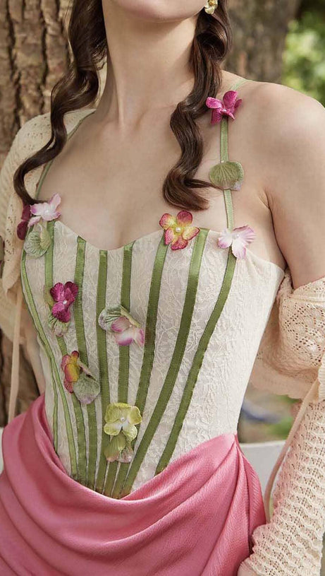 FLOWER VINE CORSET MIDI DRESS IN PINK