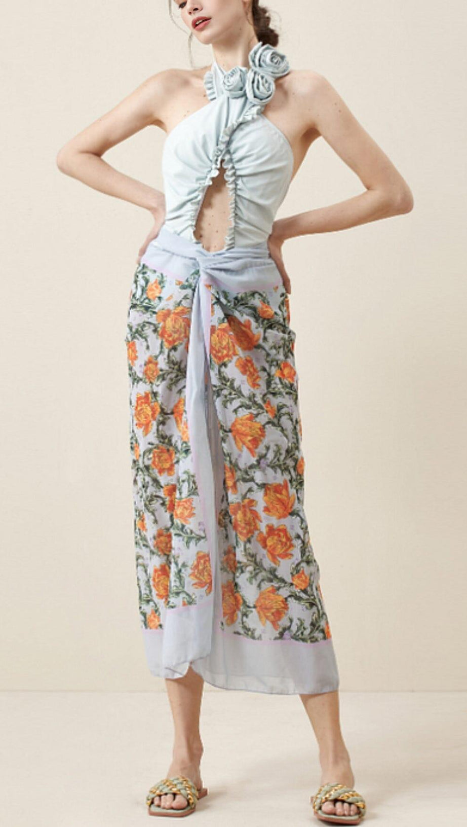 BLUE HALTER 3D FLOWER ONE PIECE SWIMSUIT AND SARONG