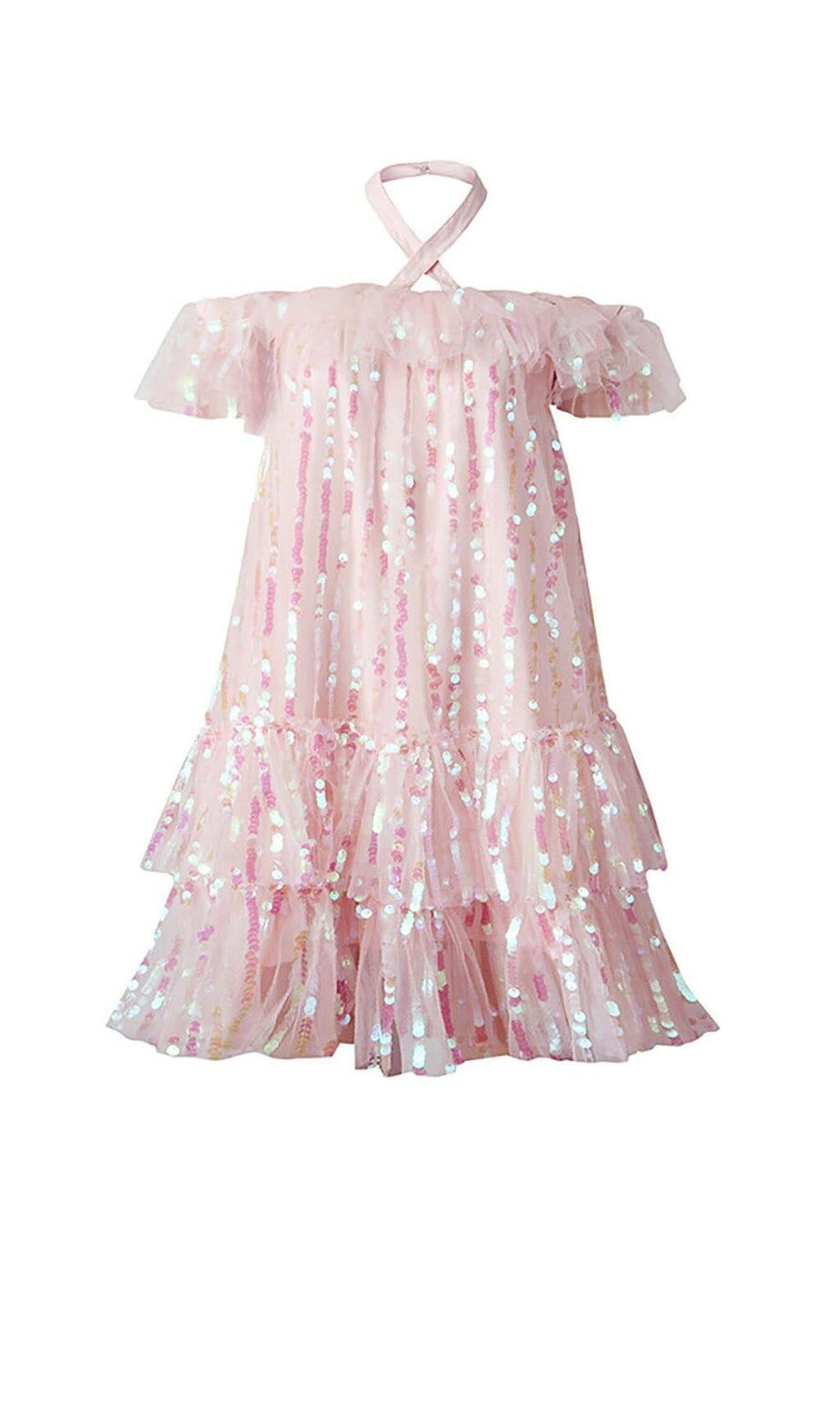 MINI ABITO CON PAILLETTES ROSA E SCOLLO A V