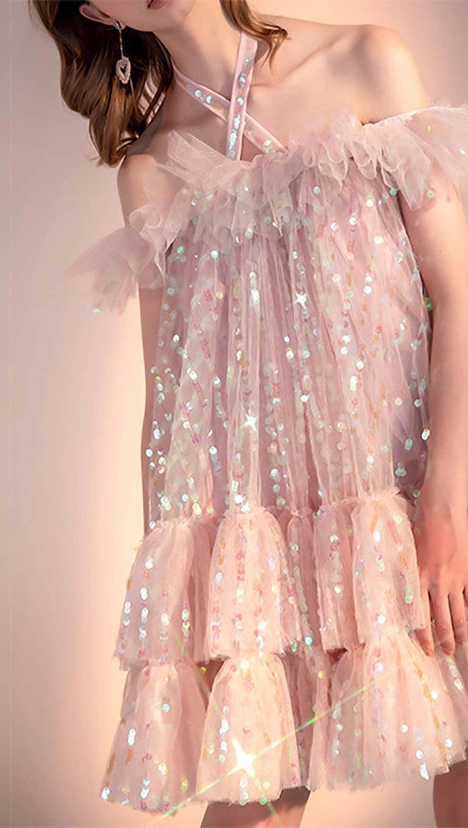 MINI ABITO CON PAILLETTES ROSA E SCOLLO A V