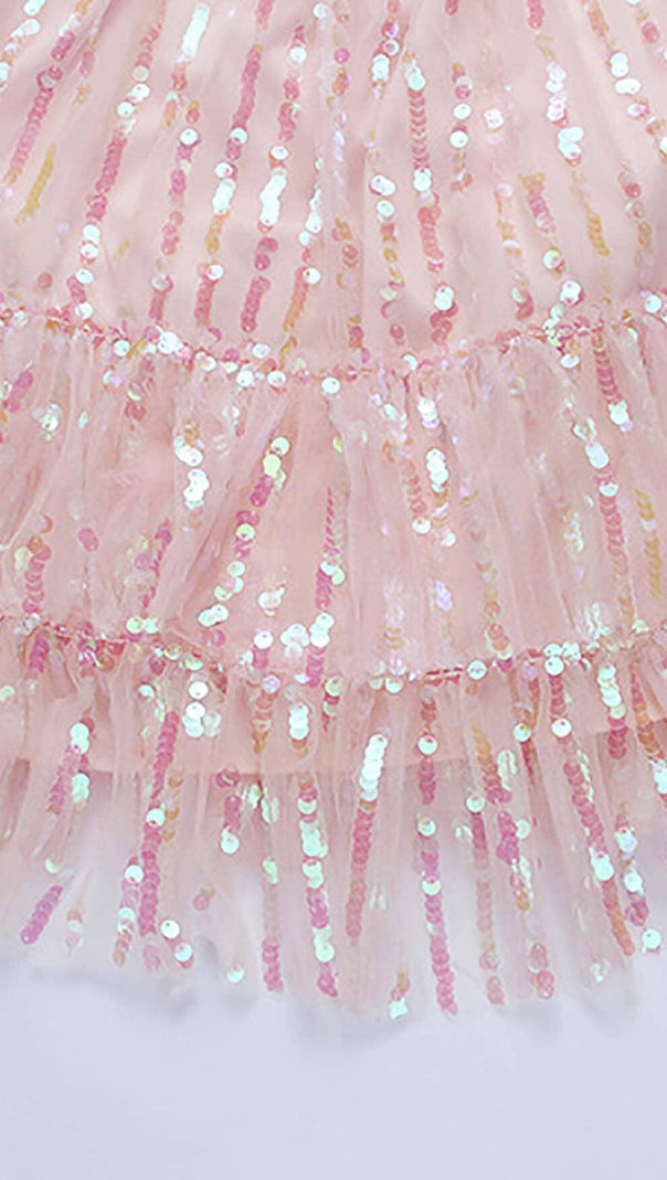 MINI ABITO CON PAILLETTES ROSA E SCOLLO A V