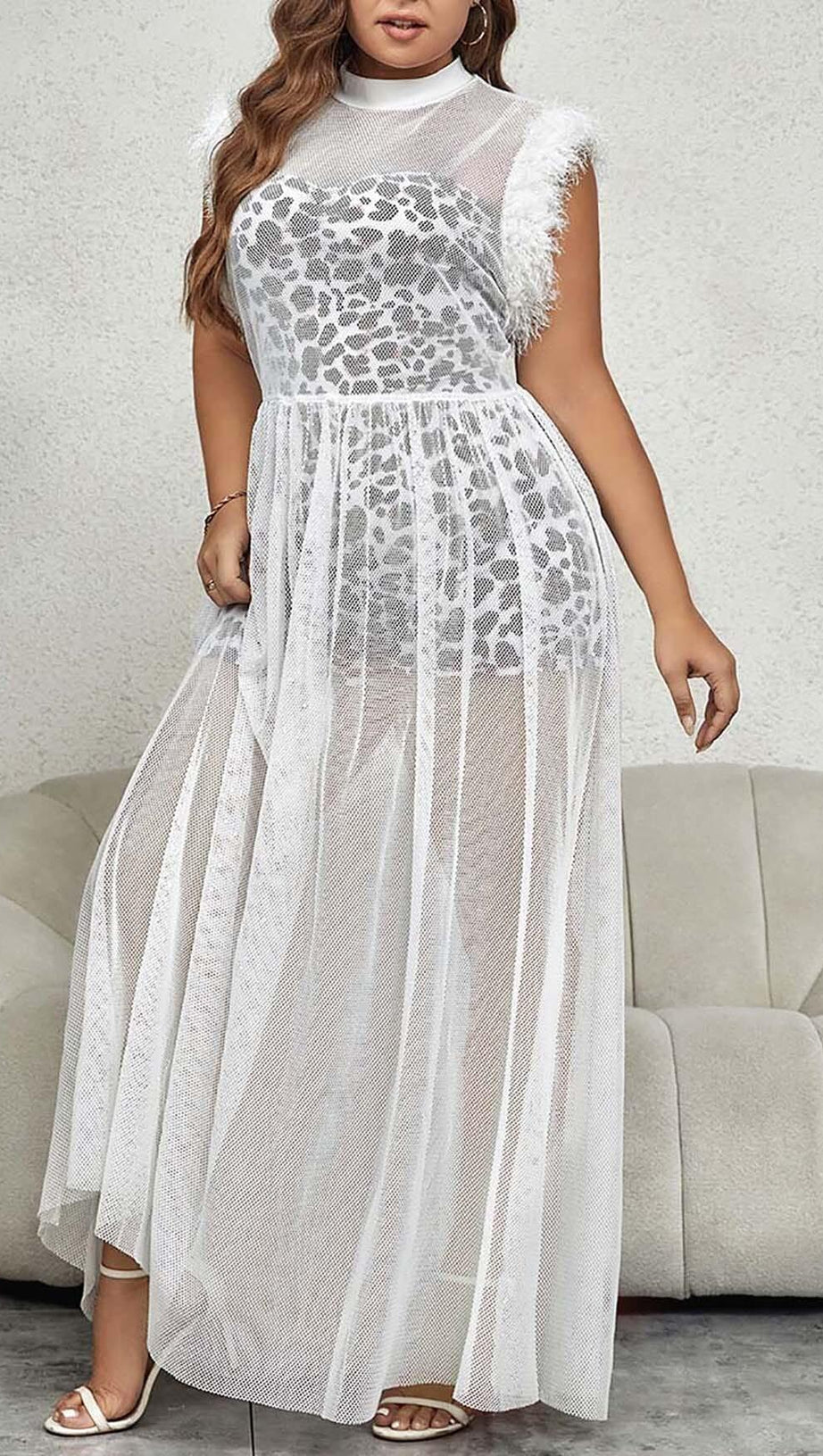 LEOPARD MESH MAXI DRESS IN WHITE