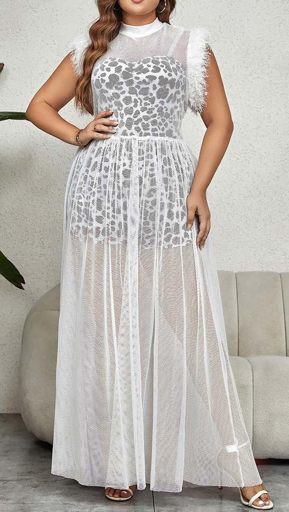 LEOPARD MESH MAXI DRESS IN WHITE