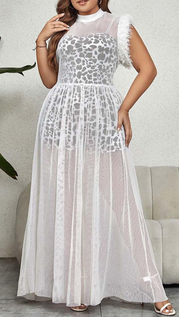 AIIZIE LEOPARD MESH MAXI DRESS IN WHITE - product image