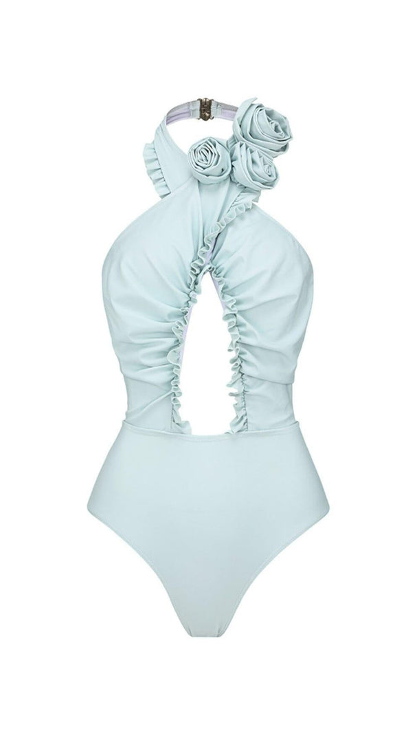 AIIZIE BLUE HALTER 3D FLOWER ONE PIECE SWIMSUIT AND SARONG - product image