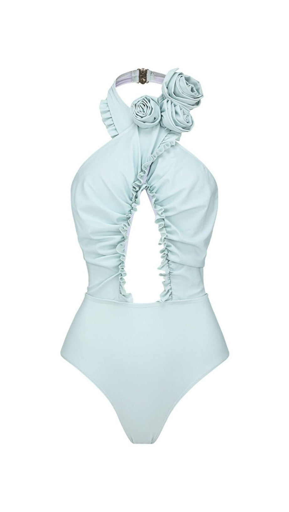 BLUE HALTER 3D FLOWER ONE PIECE SWIMSUIT AND SARONG