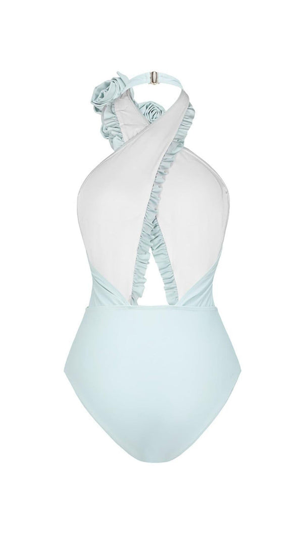 AIIZIE BLUE HALTER 3D FLOWER ONE PIECE SWIMSUIT AND SARONG - product image