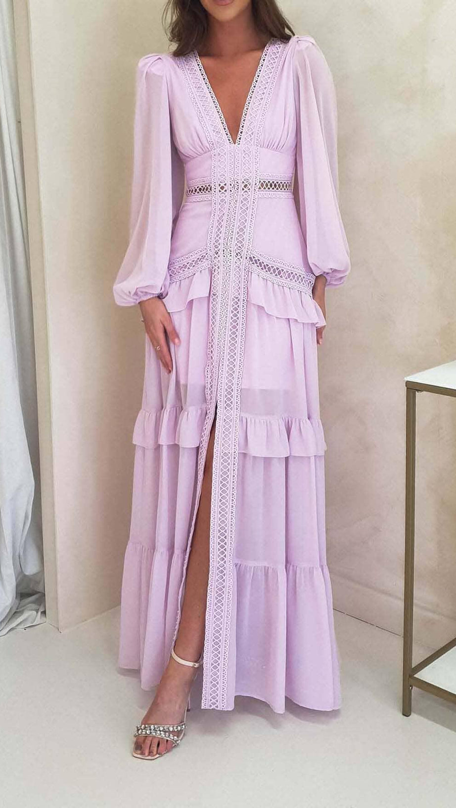 LONG SLEEVE RUFFLE MAXI DRESS IN LILAC