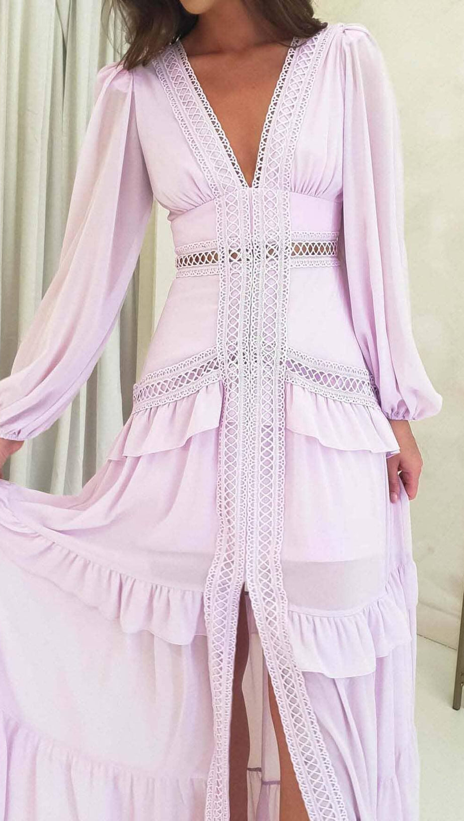 LONG SLEEVE RUFFLE MAXI DRESS IN LILAC