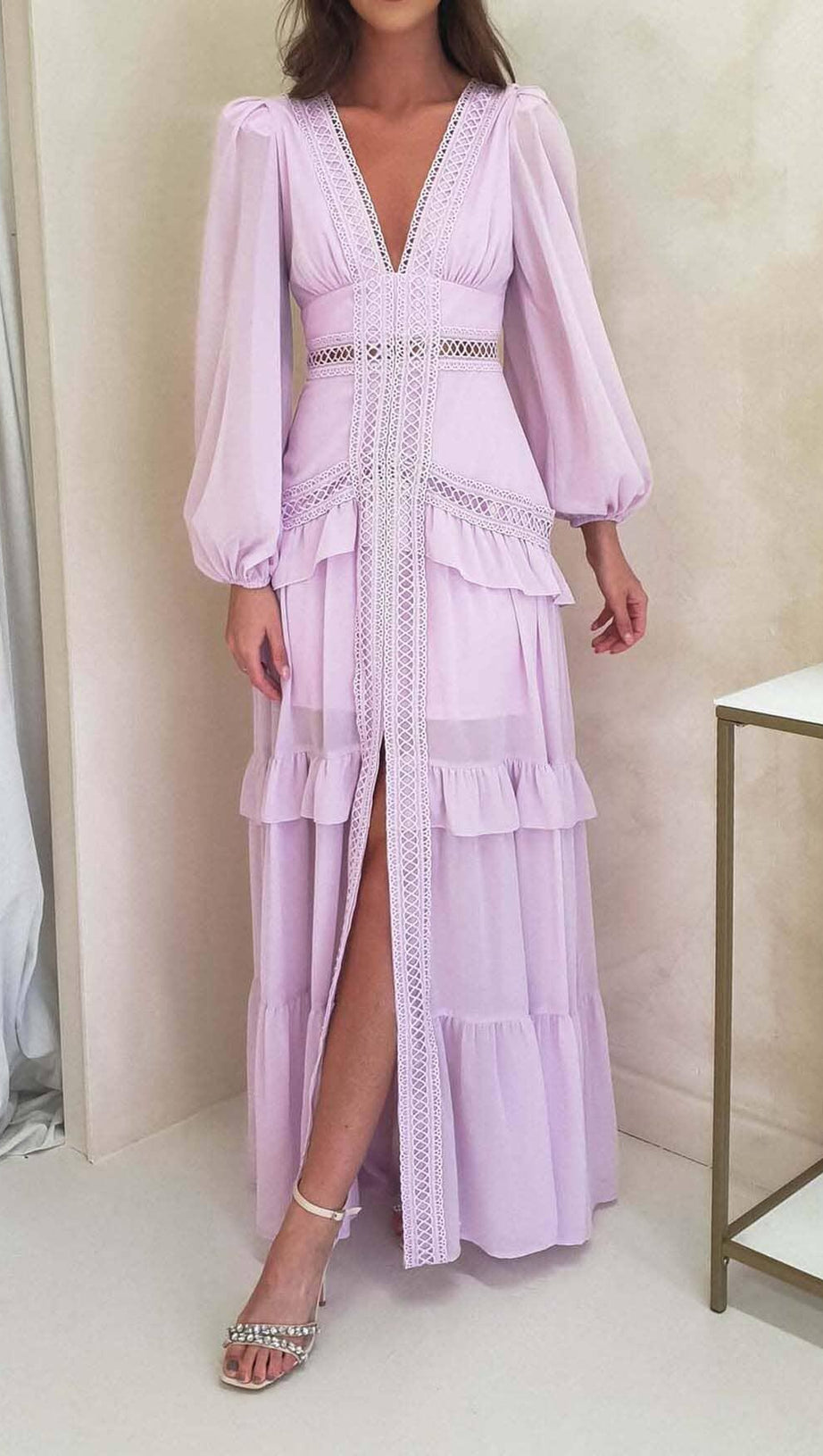 LONG SLEEVE RUFFLE MAXI DRESS IN LILAC