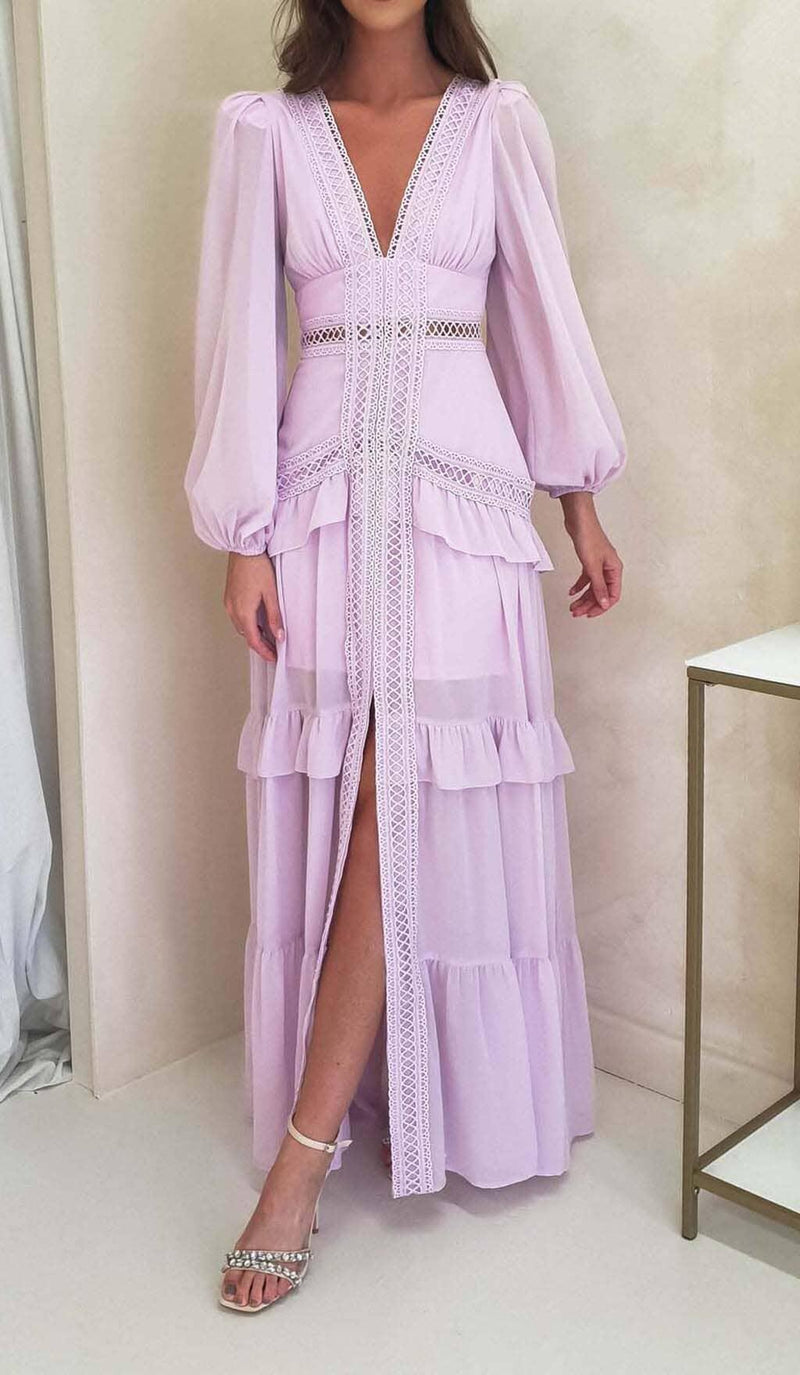 LONG SLEEVE RUFFLE MAXI DRESS IN LILAC