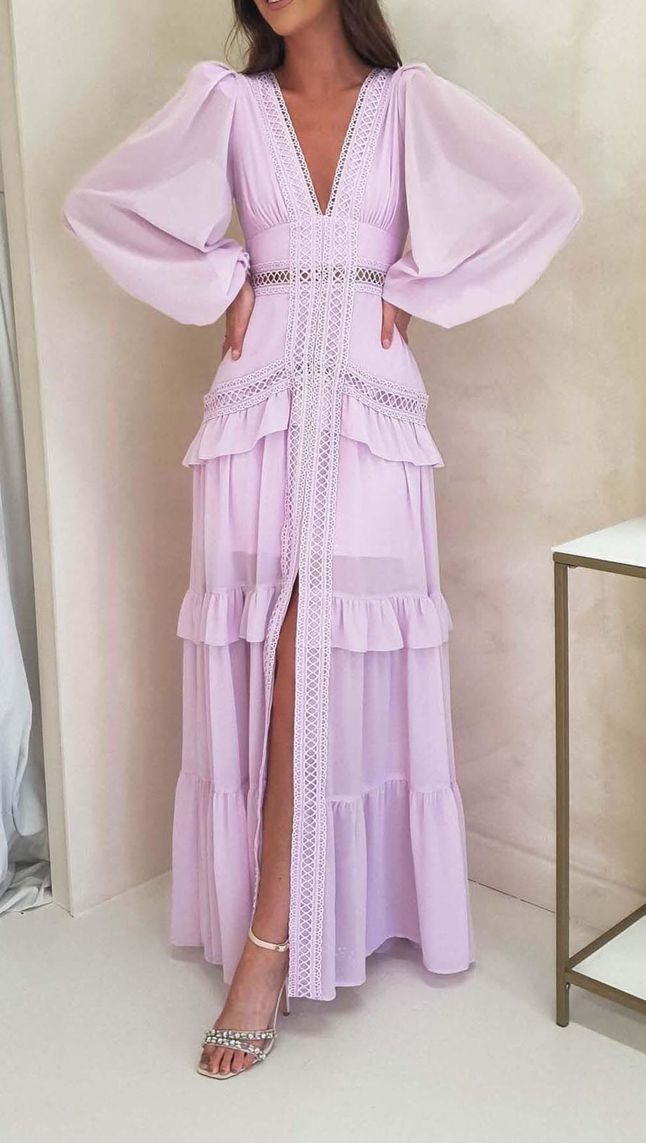 LONG SLEEVE RUFFLE MAXI DRESS IN LILAC