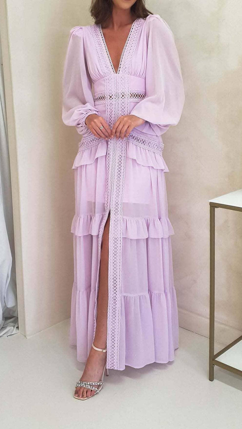 LONG SLEEVE RUFFLE MAXI DRESS IN LILAC