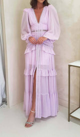 LONG SLEEVE RUFFLE MAXI DRESS IN LILAC