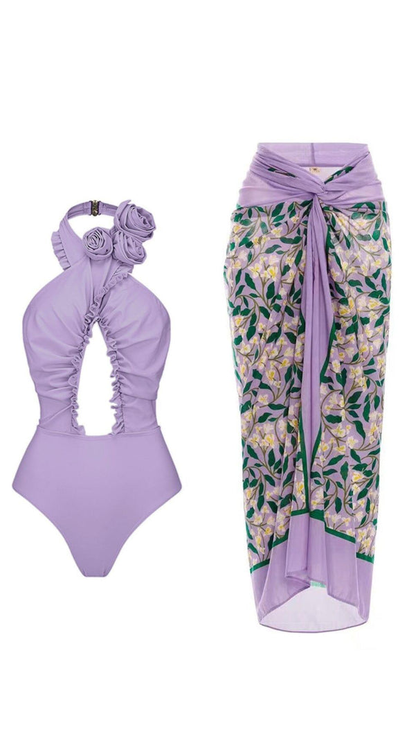 COSTUME DA BAGNO INTERO CON SCOLLO A V E FIORI 3D VIOLA E PAREO