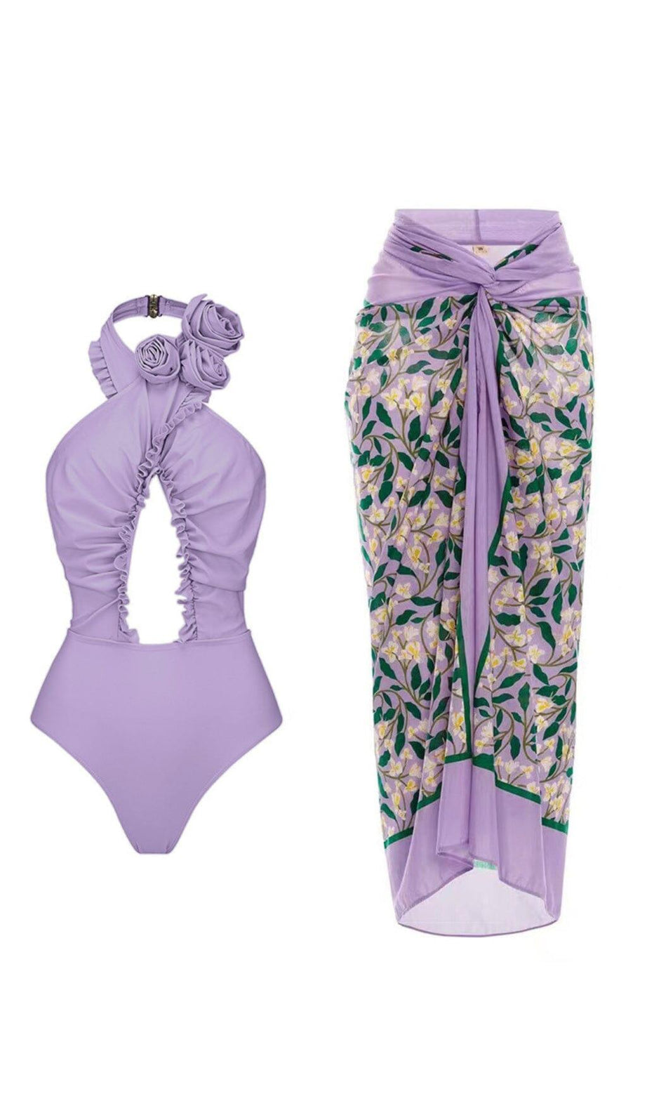 COSTUME DA BAGNO INTERO CON SCOLLO A V E FIORI 3D VIOLA E PAREO