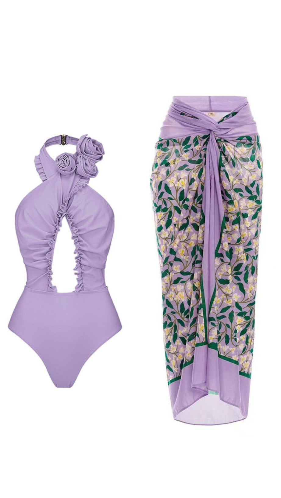 COSTUME DA BAGNO INTERO CON SCOLLO A V E FIORI 3D VIOLA E PAREO