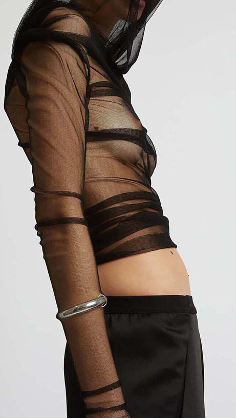 OFF THE SHOULDER MESH TOP IN BLACK