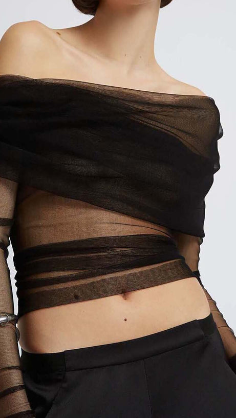 OFF THE SHOULDER MESH TOP IN BLACK