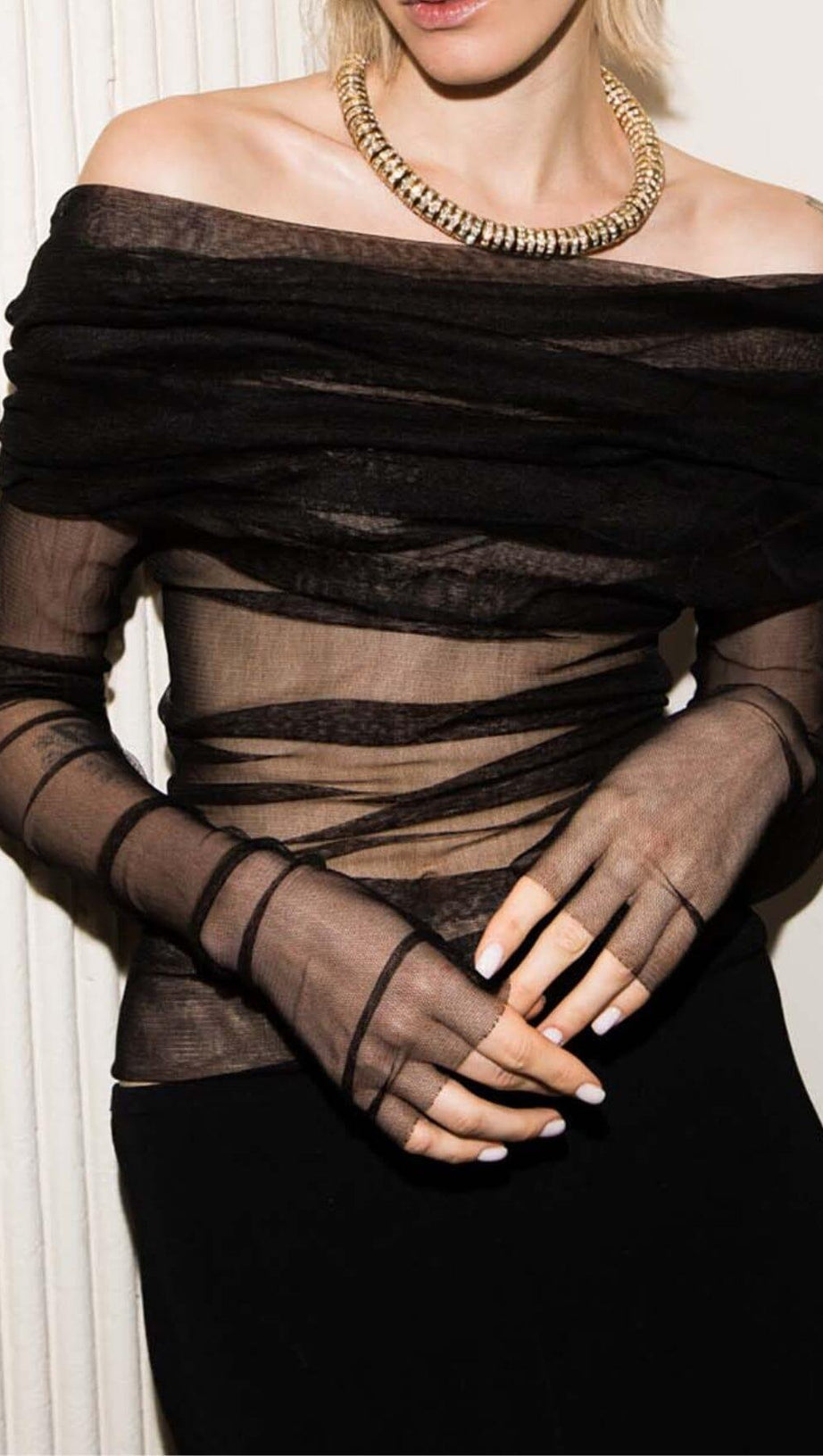 OFF THE SHOULDER MESH TOP IN BLACK