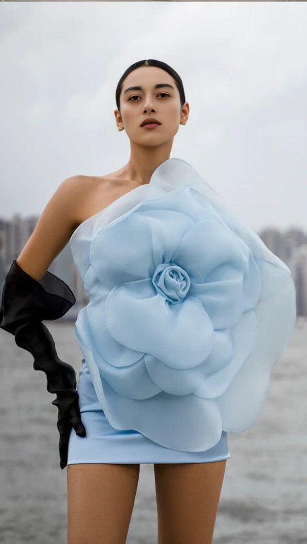 AIIZIE ONE SHOULDER FLOWER MINI DRESS IN BLUE - product image