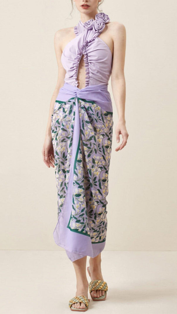 COSTUME DA BAGNO INTERO CON SCOLLO A V E FIORI 3D VIOLA E PAREO