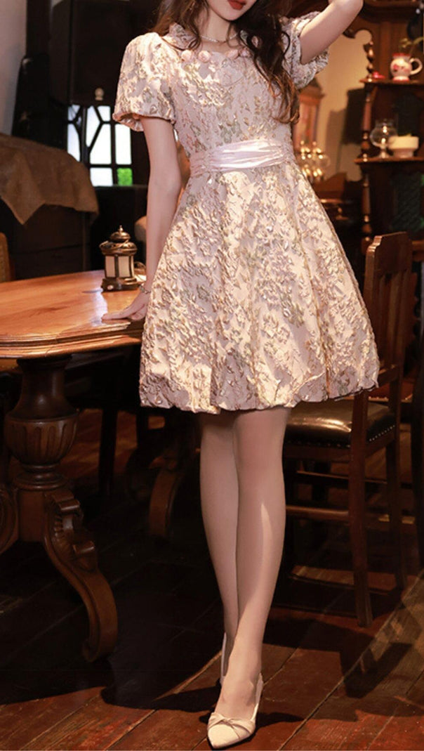 AIIZIE PUFF SLEEVE CUTWORK MIDI DRESS IN PINK - product image