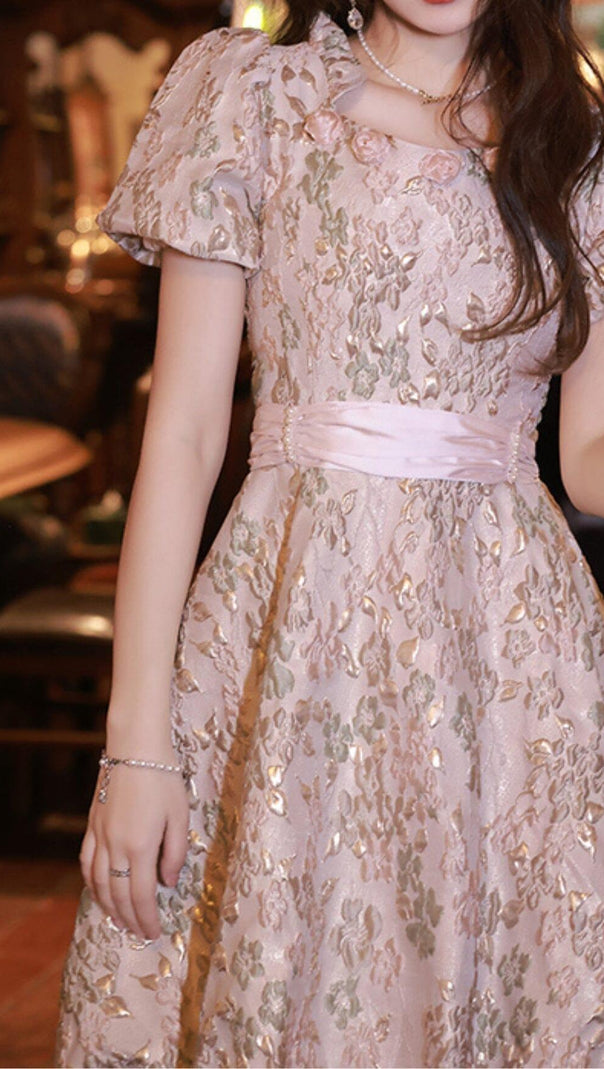 AIIZIE PUFF SLEEVE CUTWORK MIDI DRESS IN PINK - product image