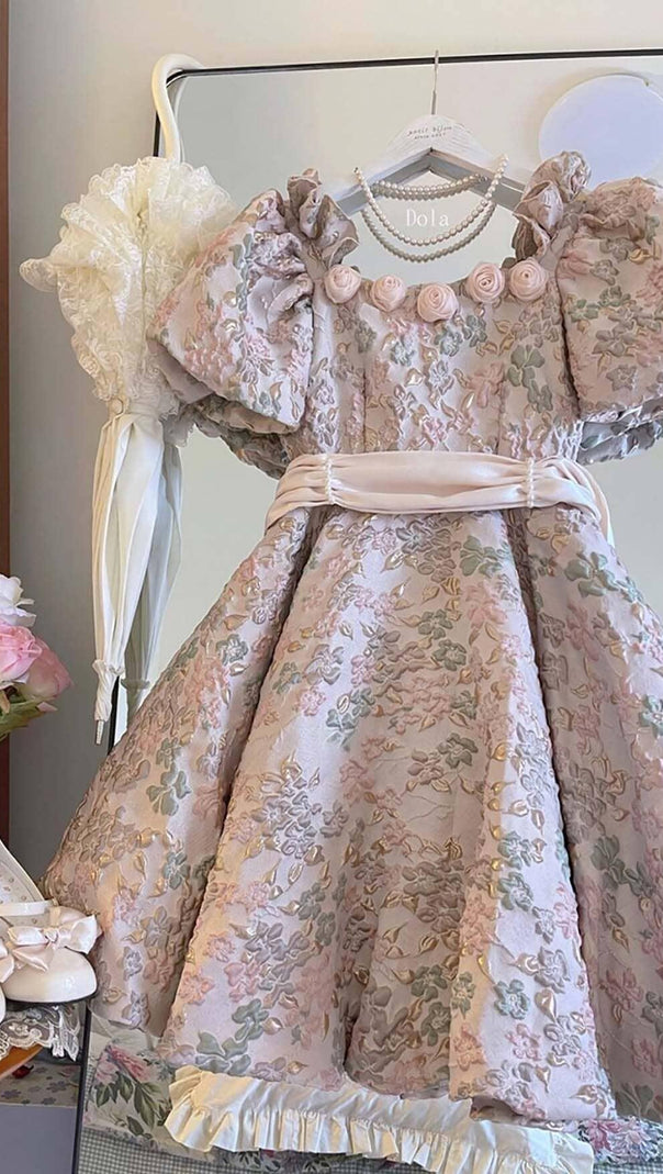 AIIZIE PUFF SLEEVE CUTWORK MIDI DRESS IN PINK - product image