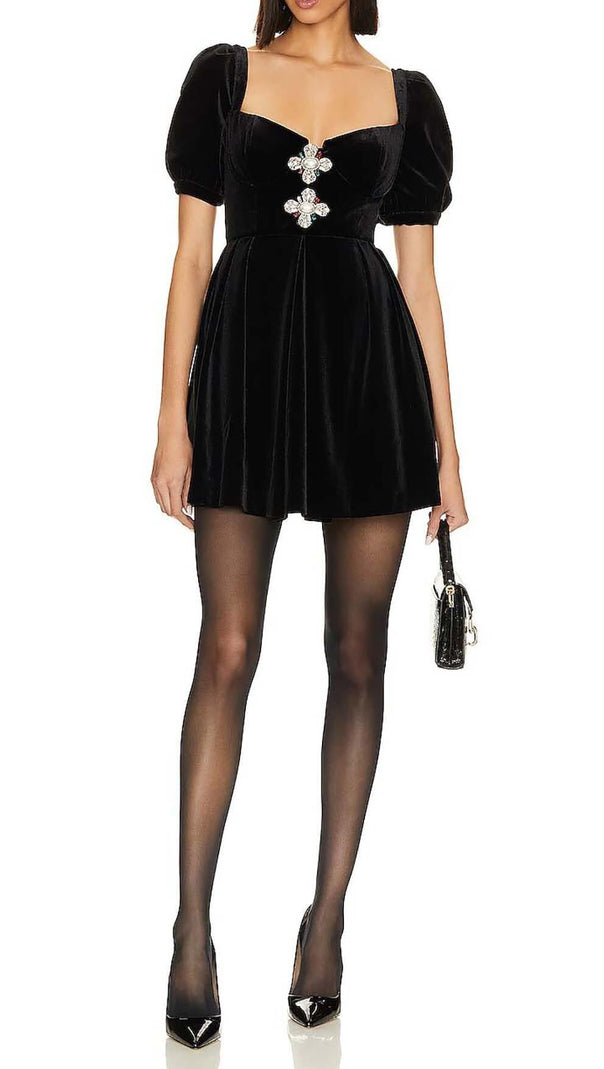 AIIZIE PUFF SLEEVE VELVET MINI DRESS IN BLACK - product image