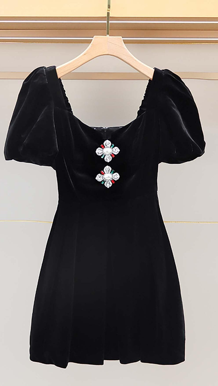 PUFF SLEEVE VELVET MINI DRESS IN BLACK