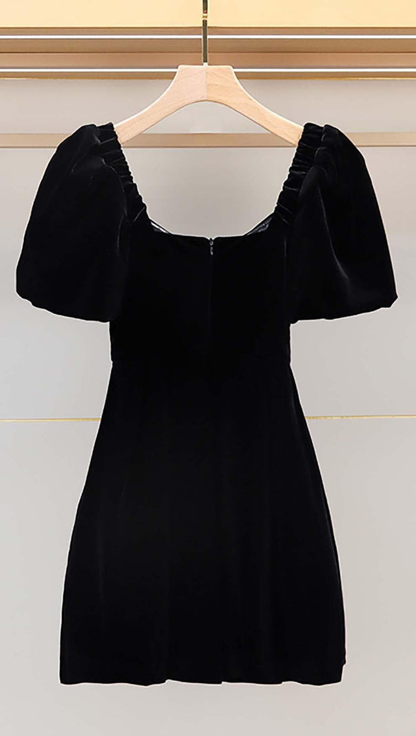 AIIZIE PUFF SLEEVE VELVET MINI DRESS IN BLACK - product image