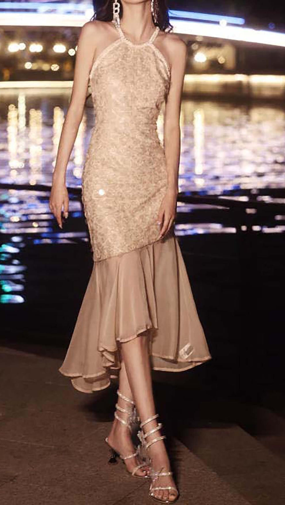 RHINESTONE MERMAID MIDI DRESS IN KHAKI