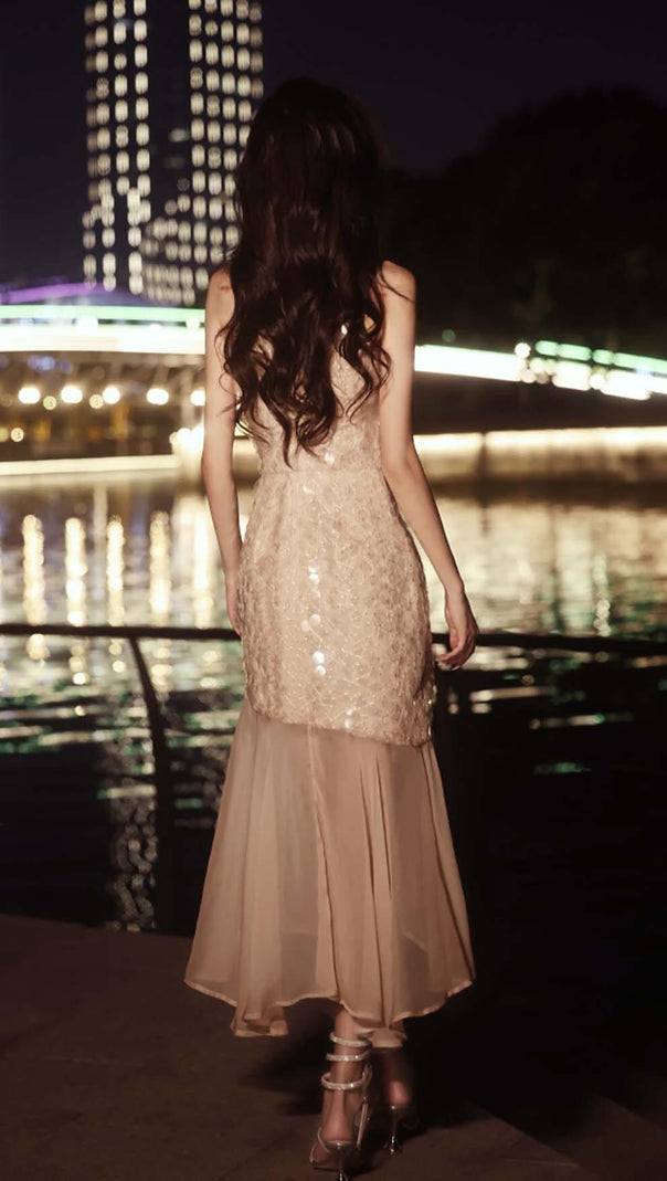 AIIZIE RHINESTONE MERMAID MIDI DRESS IN KHAKI - product image