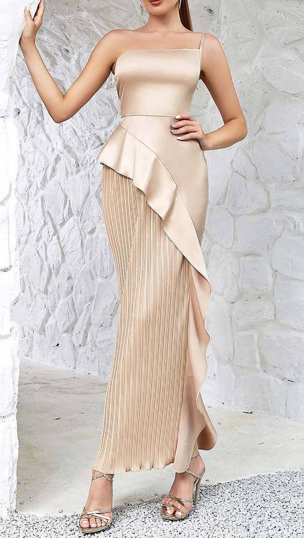 AIIZIE RUFFLED PLATED MAXI DRESS IN KHAKI - product image