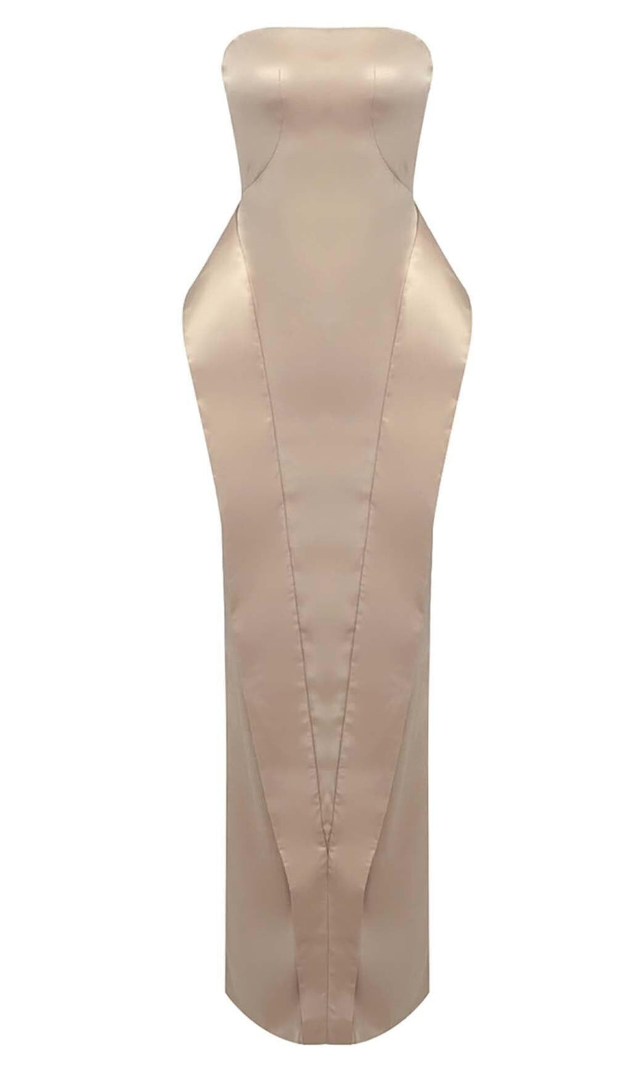 SATIN STRAPLESS MERMAID MAXI DRESS IN BEIGE