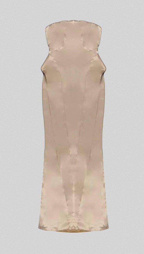 AIIZIE SATIN STRAPLESS MERMAID MAXI DRESS IN BEIGE - product image