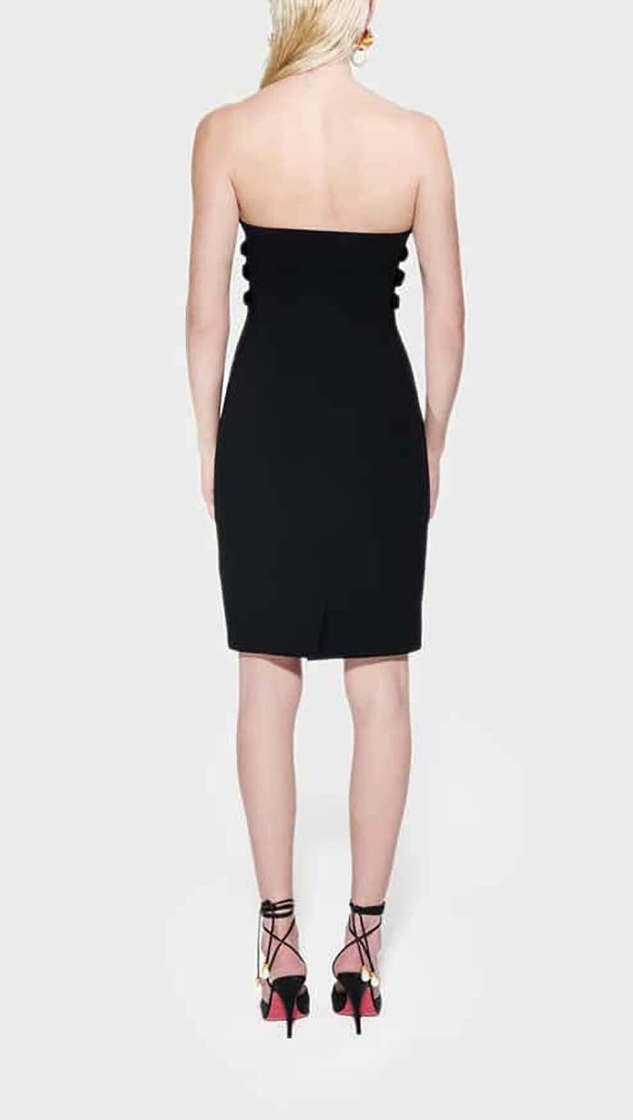 SCULPTURE BUTTON MINI DRESS IN BLACK