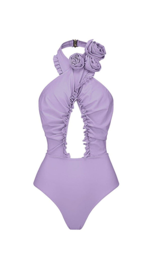 COSTUME DA BAGNO INTERO CON SCOLLO A V E FIORI 3D VIOLA E PAREO