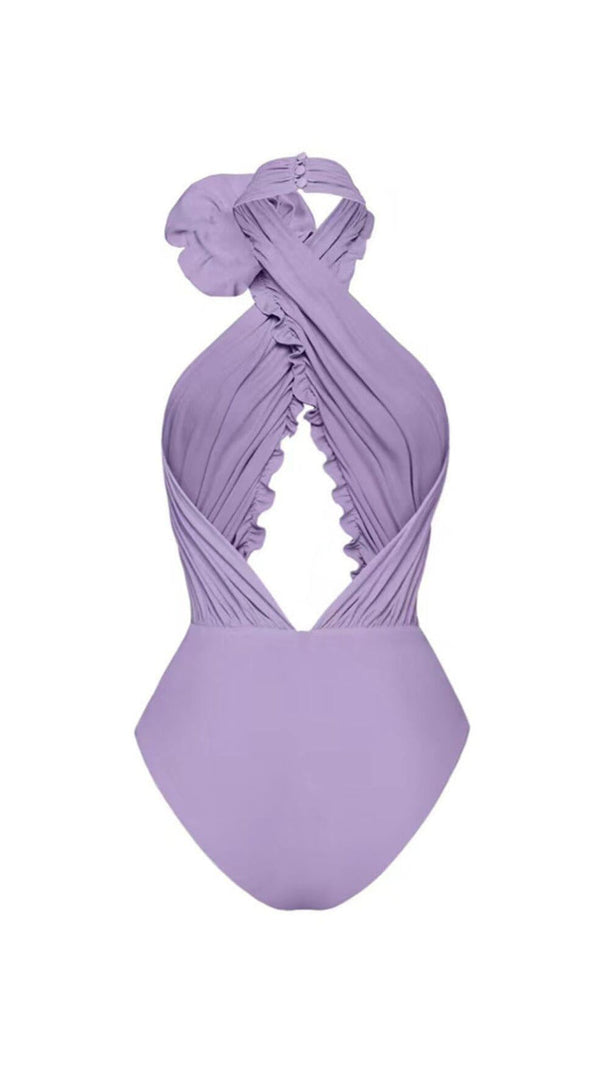 COSTUME DA BAGNO INTERO CON SCOLLO A V E FIORI 3D VIOLA E PAREO