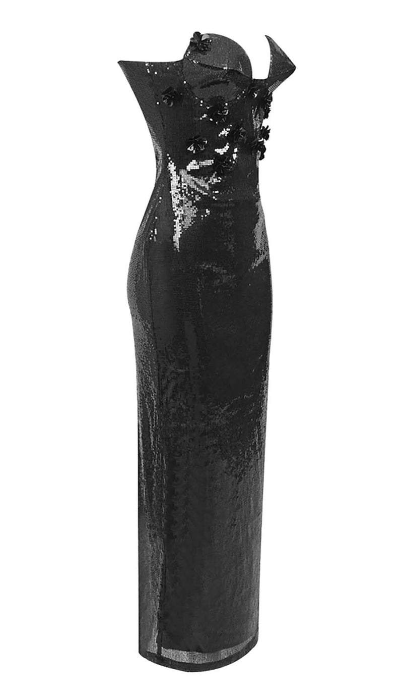 SEQUIN APPLIQUÉD MAXI DRESS IN BLACK