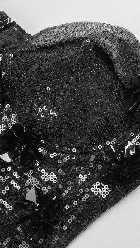 SEQUIN APPLIQUÉD MAXI DRESS IN BLACK