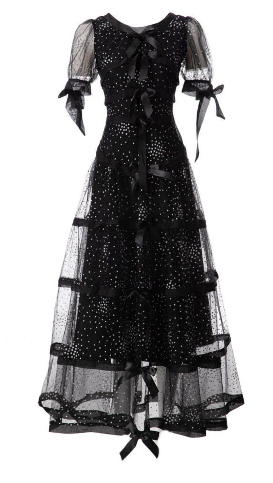 ABITO LUNGO NERO CON FIOCCO E PAILLETTES